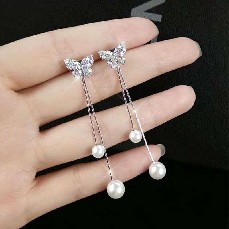 Butterfly Faux Pearl Tassel Dangle Earrings Jewelry Accessories Girls Fashion Accessory
