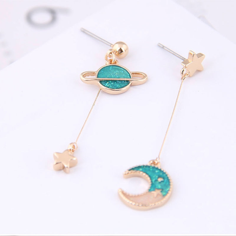 Star Moon Drop Earrings Pink Planet Long Pendant Earrings