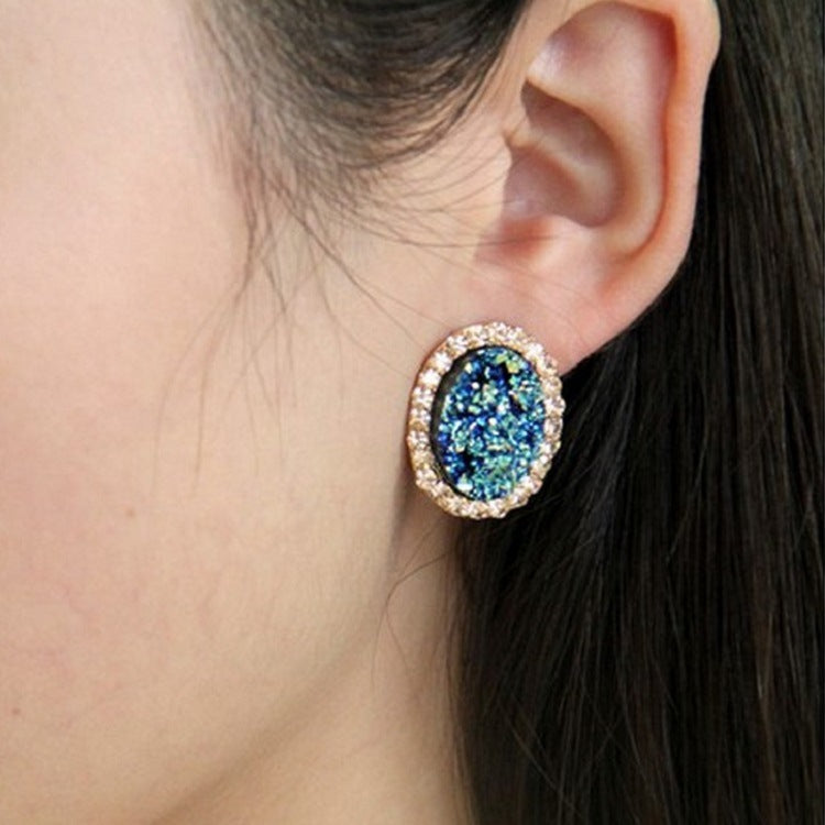 Blue Glitter Oval Stud Earrings Fashion Women Female Earrings Piercing Jewelry