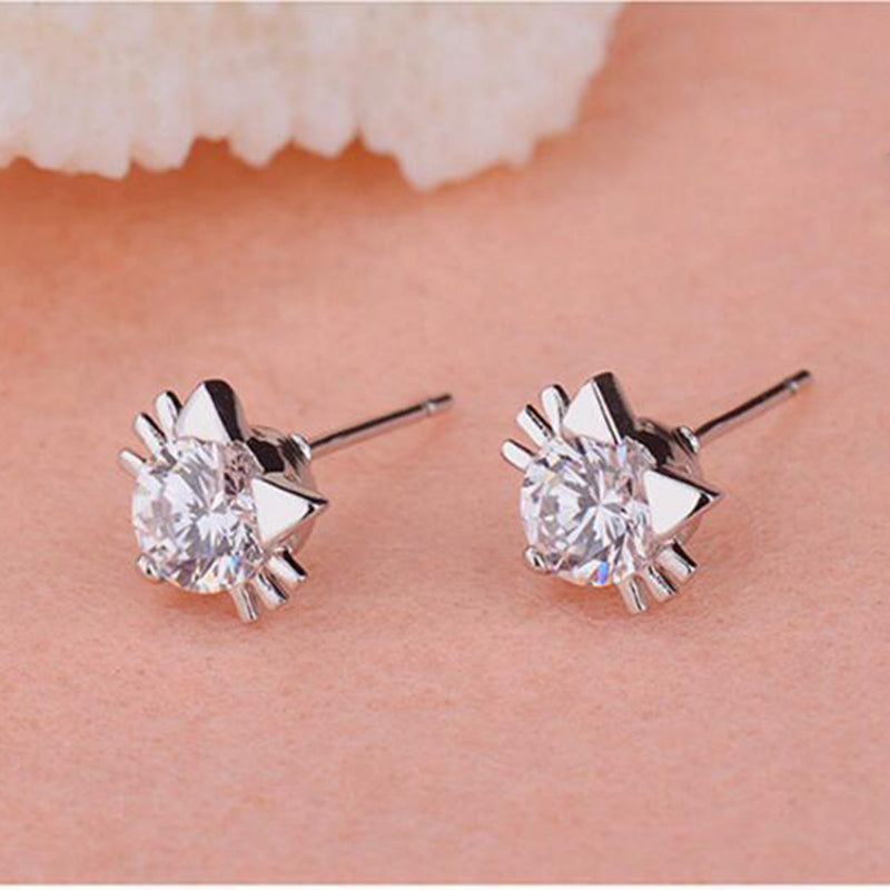 Adorable Cat Stud Earrings Round Cubic Zirconia Push-Back Earring Women Gift Wedding Party Fashion Jewelry Accessories