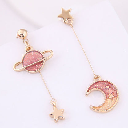 Star Moon Drop Earrings Pink Planet Long Pendant Earrings