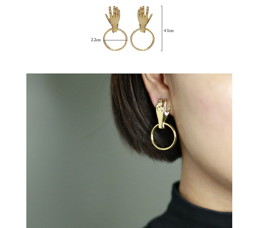 Palm ring earrings street fashion street shooting 925 silver needle plated 18K real gold earrings