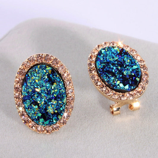 Blue Glitter Oval Stud Earrings Fashion Women Female Earrings Piercing Jewelry