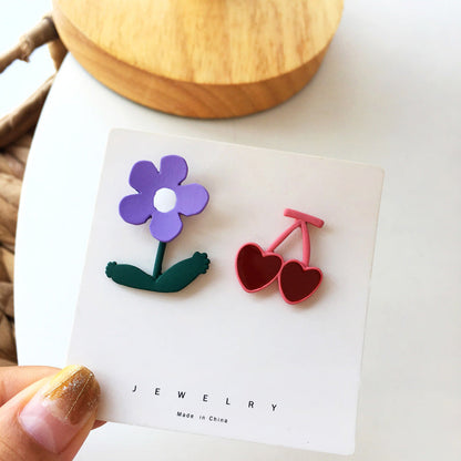 Flower and Cherry Stud Earrings Women Fashionable Luxurious Earrings Jewelry