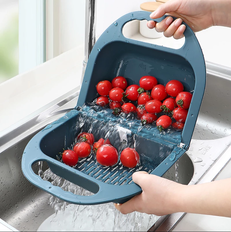 Folding Drain Basket Leaking Fruit Box Vegetable Container Drain Rack Sink with Handle Storage Baskets