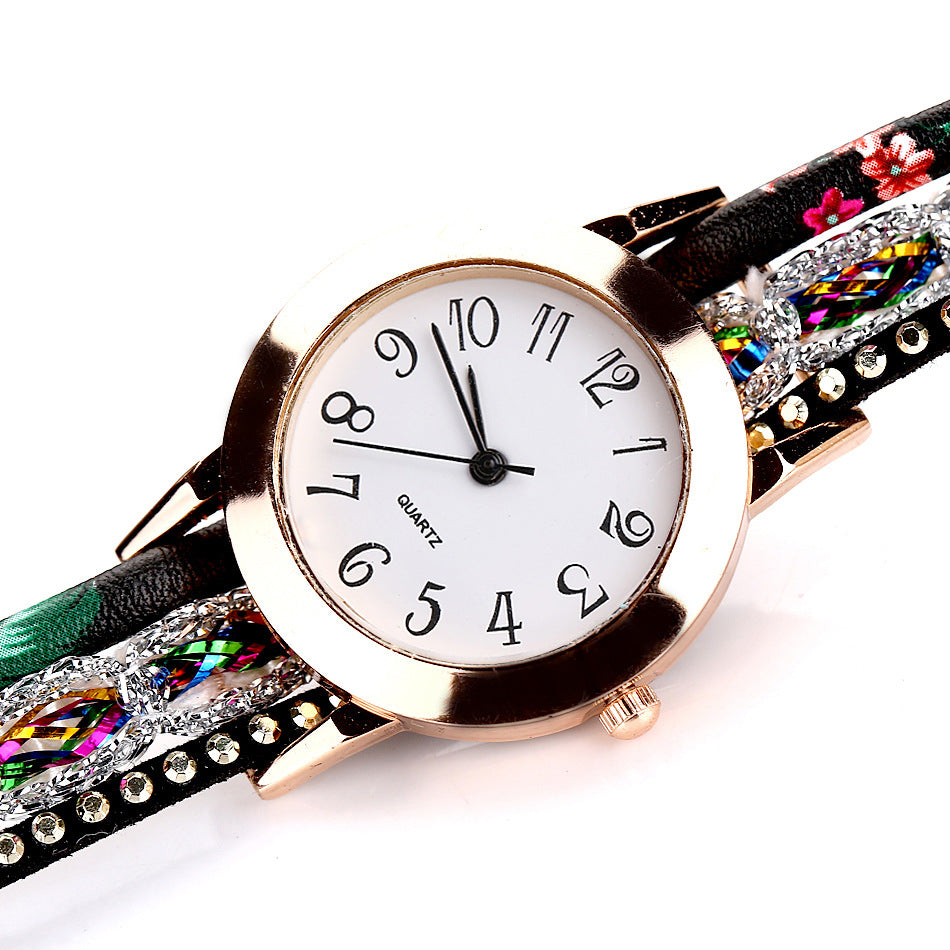 Watch color woven floral bracelet watch fashion printed woven diamond ladies circle watch factory direct