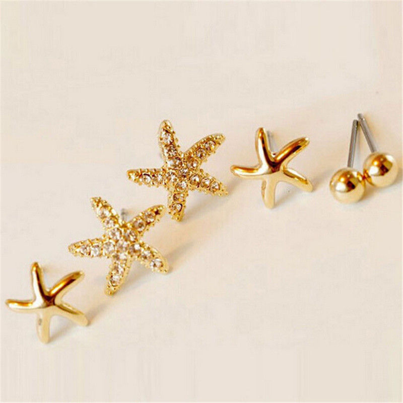 3pairs Sea Star Stud Earrings Accessories Gift Women Girl Fashionable Jewelry