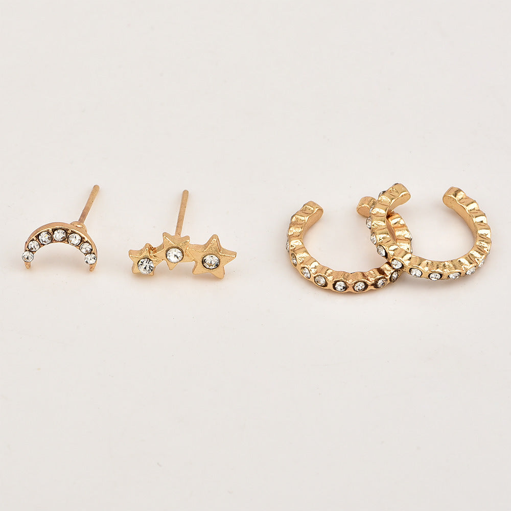 4pc Set Star Moon Stud Earrings Ear Cuffs Women Fashionable Luxurious Earrings