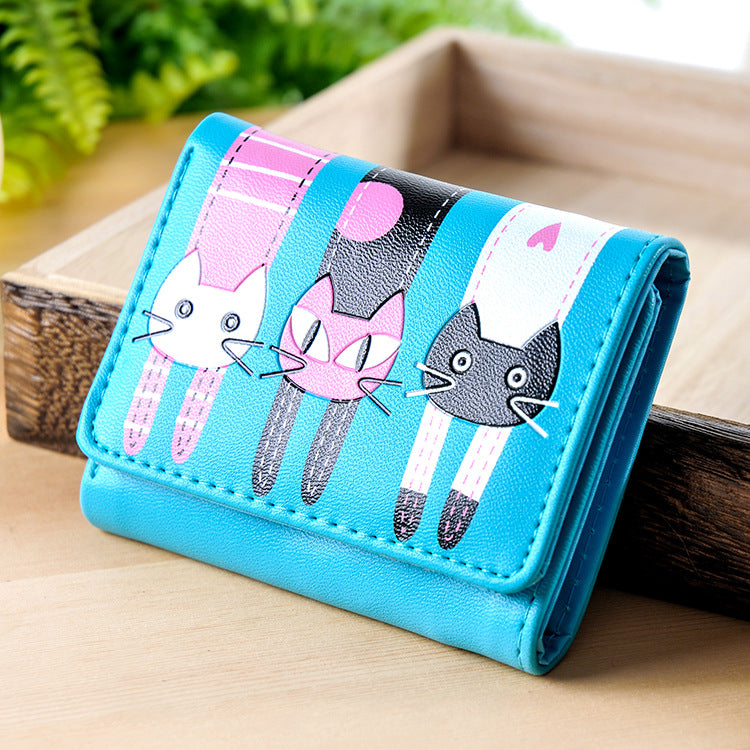 Korean short student wallet small 3 fold cartoon cat cute lady wallet card pack coin purse