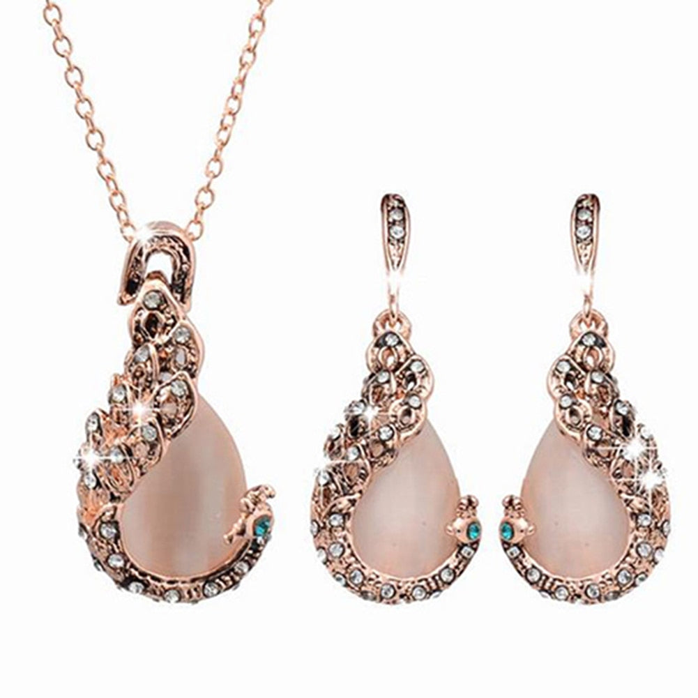 Women Elegant Waterdrop Rhinestone Pendant Necklace Hook Earrings Jewelry Set