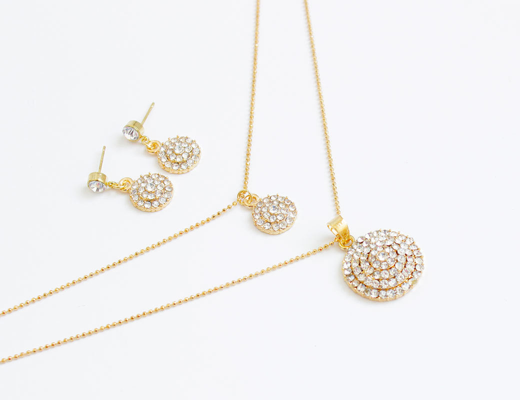 The bride jewelry two piece Necklace Earrings Set Round Diamond Jewelry Set Gold Jewellery Set