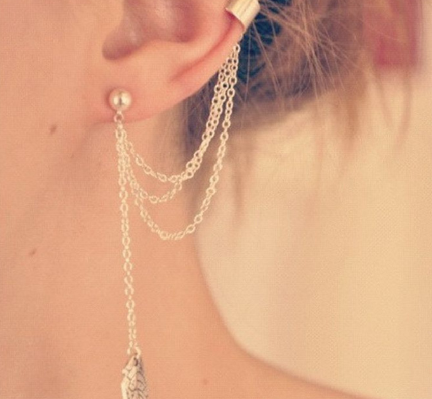 Metal leaf tassel ear clip earrings