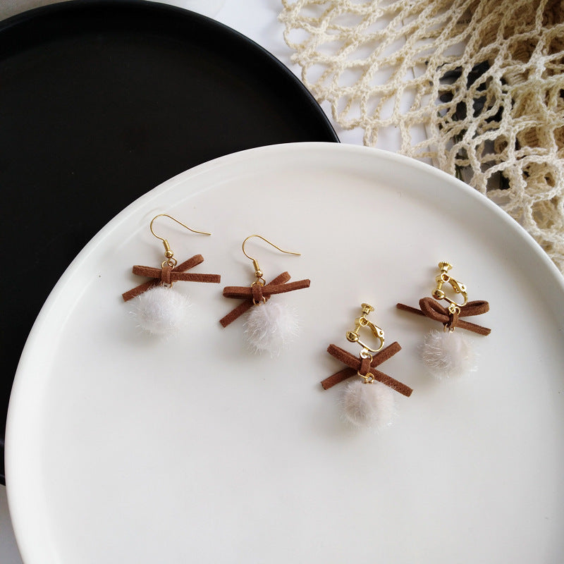 Fluffy Ball Bow Drop Earrings Cute Dangle Earrings Women Jewelry Gift for Her
