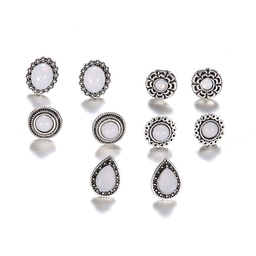 5pairs Vintage White Stone Stud Earrings Fashion Jewelry for Girls Women Gift