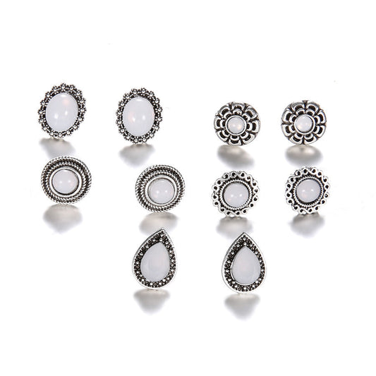 5pairs Vintage White Stone Stud Earrings Fashion Jewelry for Girls Women Gift