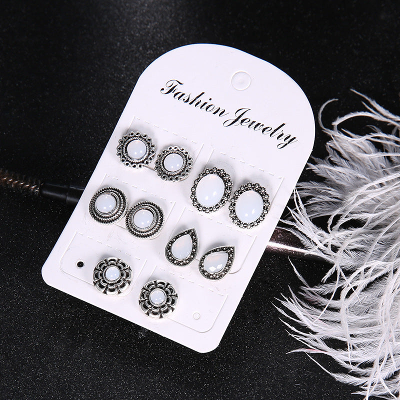 5pairs Vintage White Stone Stud Earrings Fashion Jewelry for Girls Women Gift