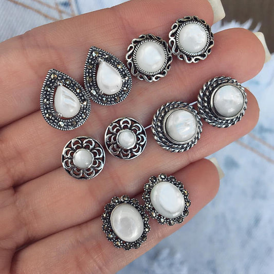 5pairs Vintage White Stone Stud Earrings Fashion Jewelry for Girls Women Gift