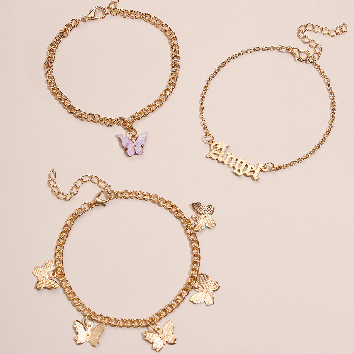 European and American Jane Flower Butterfly Tassel Anklet 3-Piece Set