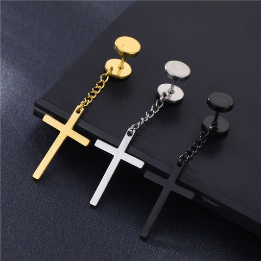 Cross Personality Pendant Dumbbell Titanium Steel Men's Stud Earrings