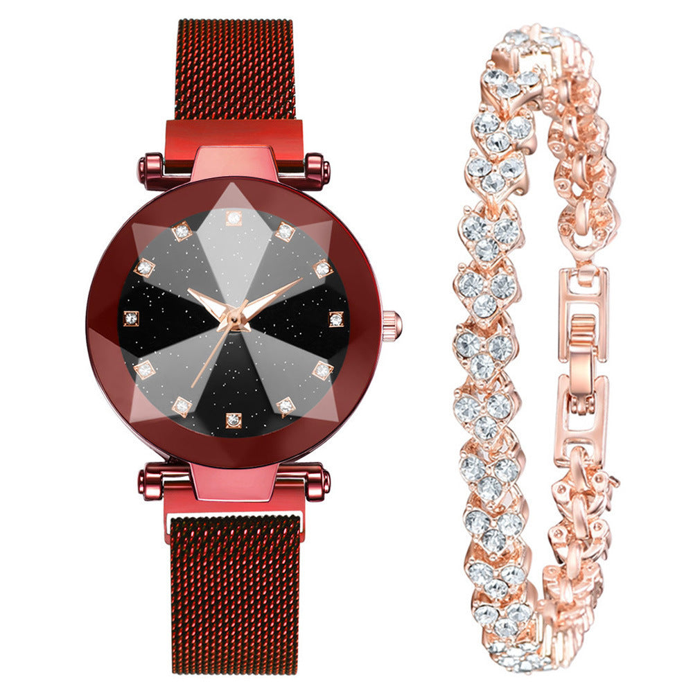 Women's Watch Square Diamond Rhinestone Starry Sky Face Ladies Casual Fashion Watch Set Bracelet Watch