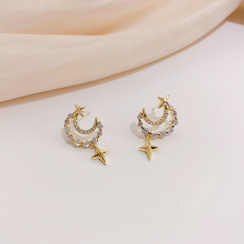 Crystal Moon Star Stud Earrings Women Jewelry Mom Gift Everyday Wear Earrings