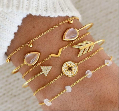 Europe The United States Cross-border Hot Hand Ornaments New Six-piece Cat's Eye Broken Stone Arrow V-shaped Set Bracelet Spot