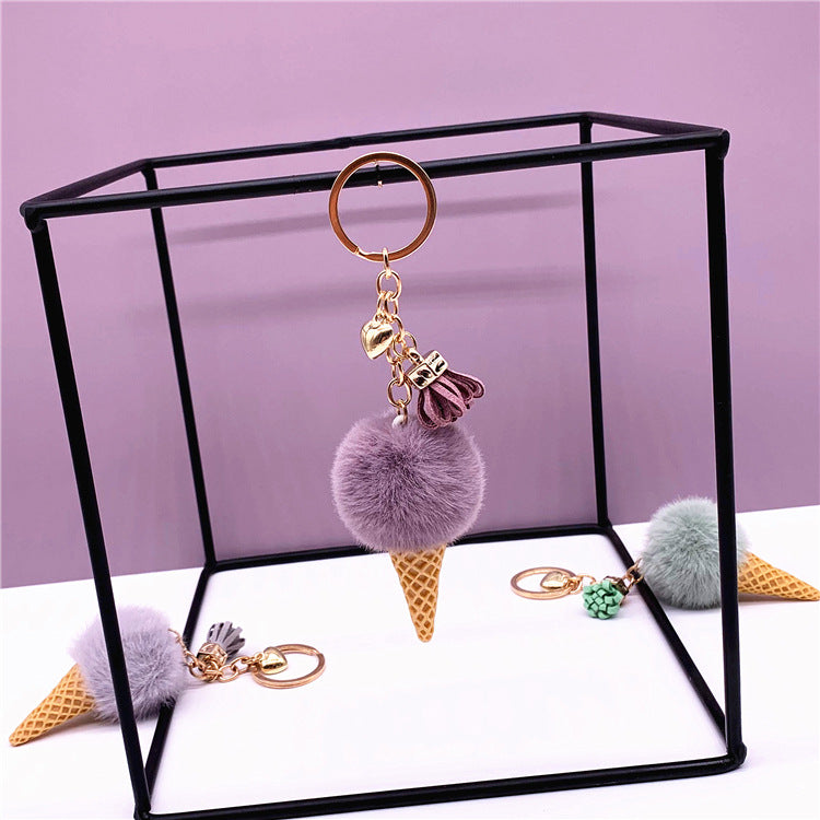 Ice Cream Keychain Cute Bag Cartoon Plush Pendant Cone Car Key Chain Ring Hair Ball Creative Gift