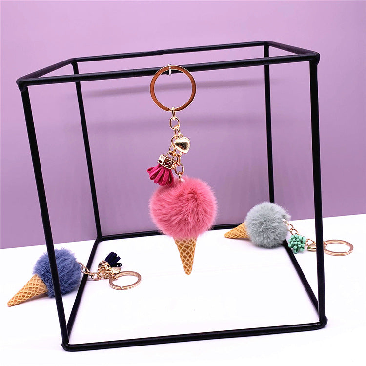 Ice Cream Keychain Cute Bag Cartoon Plush Pendant Cone Car Key Chain Ring Hair Ball Creative Gift