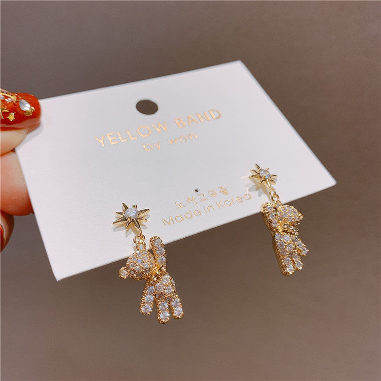 Rhinestone Cute Bear Ear Drop Earrings Dangle Women Fashion Jewelry Gift for Her
