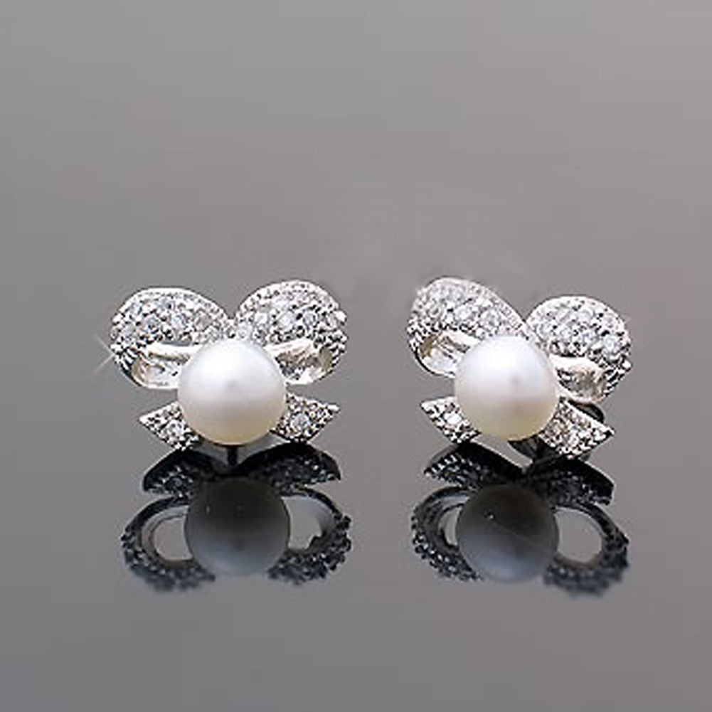 Pearl Bow Stud Earrings Women Jewelry Mom Gift Everyday Wear Earrings