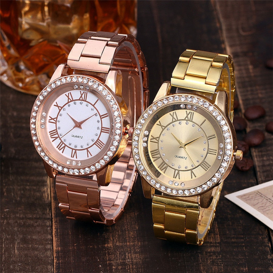 Vansvar Brand Rose Gold Watch Luxury Women Dress Rhinestone Quartz Watch Casual Women Stainless Steel Wristwatches Female Clock