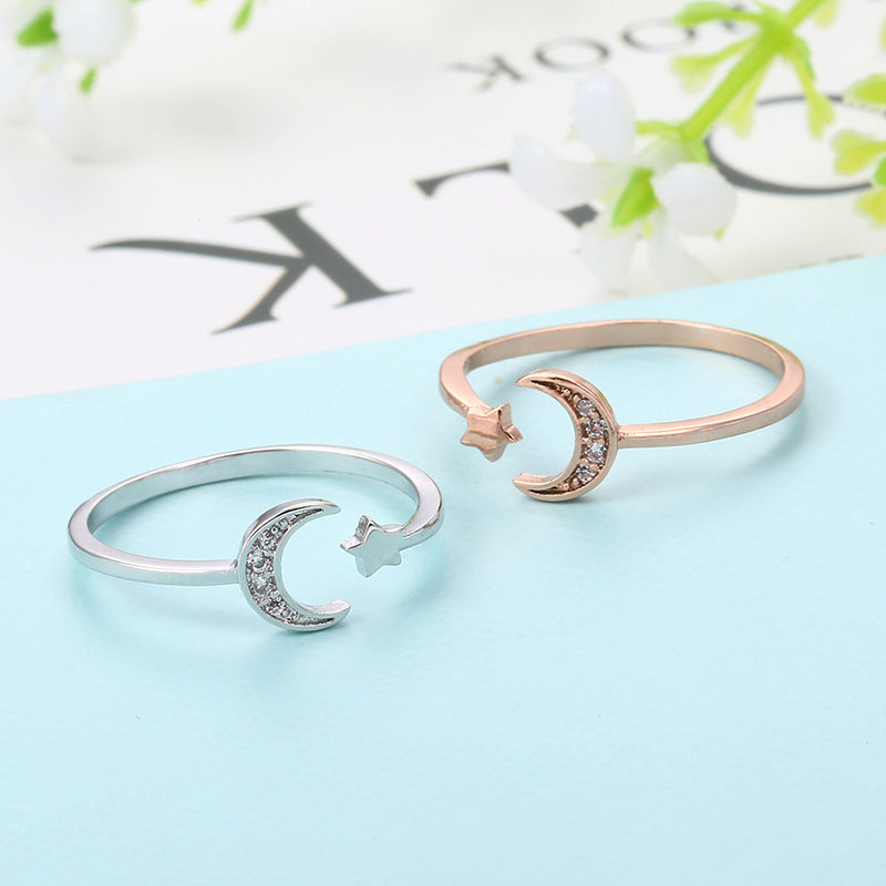 Rose Gold Color Mini Star Cute Moon Open Ring for Women Cubic Zirconia Crystal Bague Jewelry