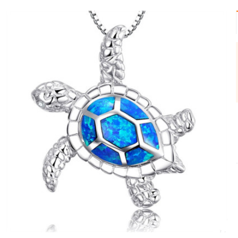 Fashion silver filled blue opal sea turtle pendant necklace for women female Animal wedding ocean beach jewelry gift