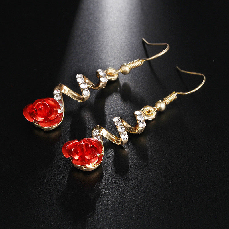 Red Rose Drop Earrings Vintage Women Rose Spiral Dangle Earring Fashion Jewelry