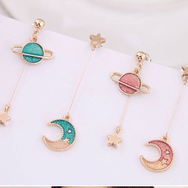 Star Moon Drop Earrings Pink Planet Long Pendant Earrings