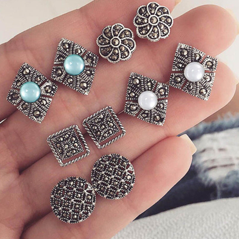 5pairs Flower Rhombus Stud Earrings Women Jewelry Mom Gift Everyday Wear