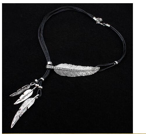 3 Colors Black Rope Multilayer Feather Leaf Tassels Pendant Necklace