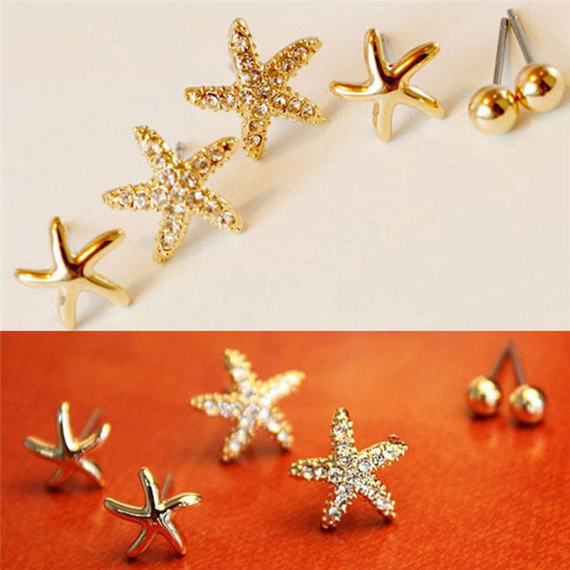 3pairs Sea Star Stud Earrings Accessories Gift Women Girl Fashionable Jewelry