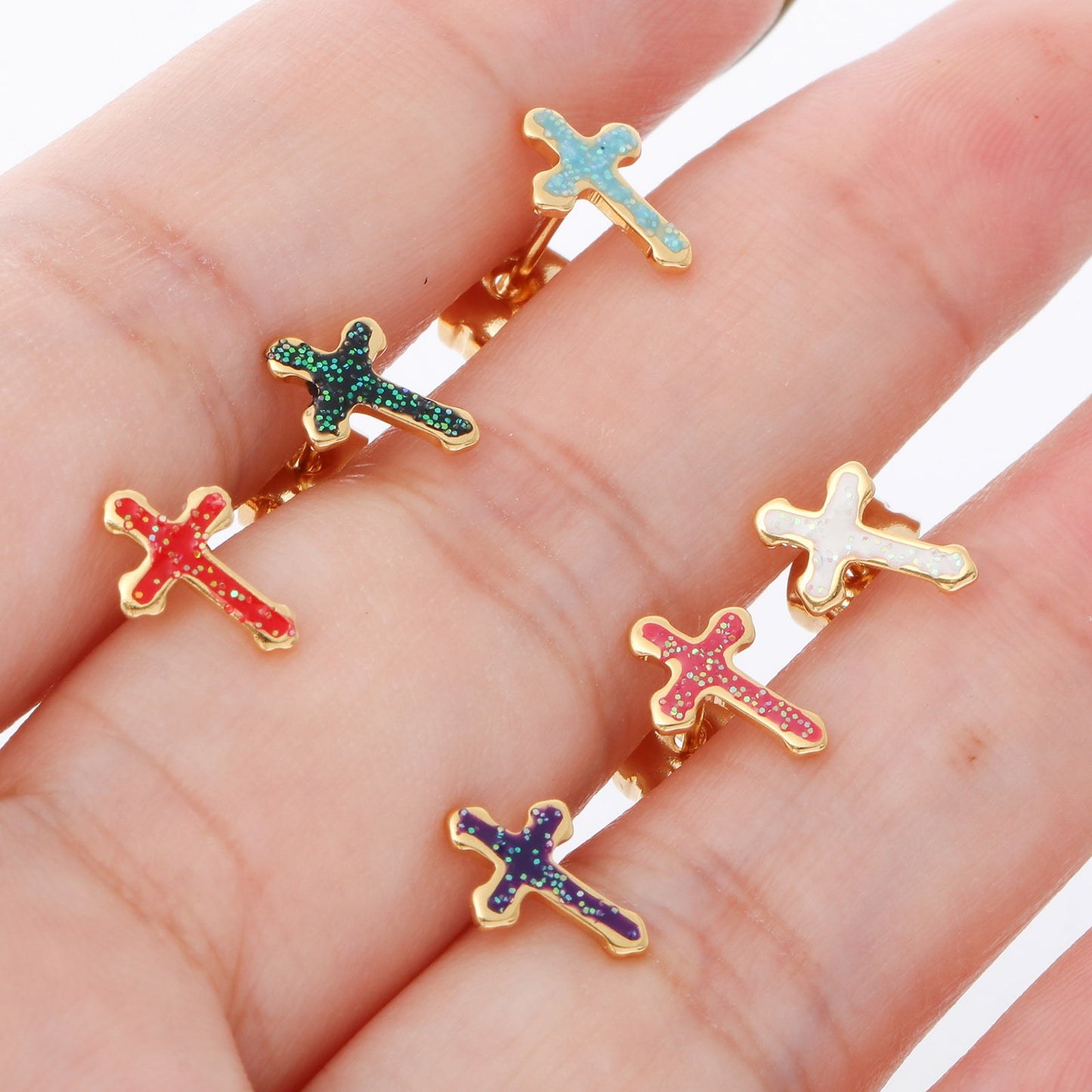 1 Pair Glitter Cross Stainless Steel Earrings Ear Post Stud Earrings Glitter