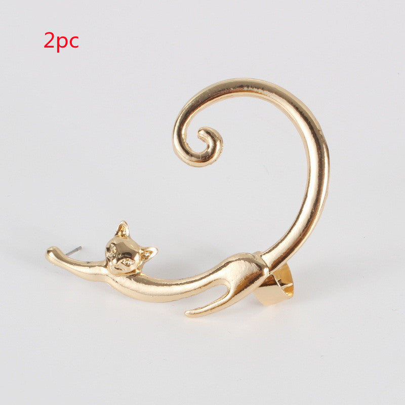 Single Piece Punk Style Cat Post Earring with Ear Cuff Rock Animal Black Stud Earring