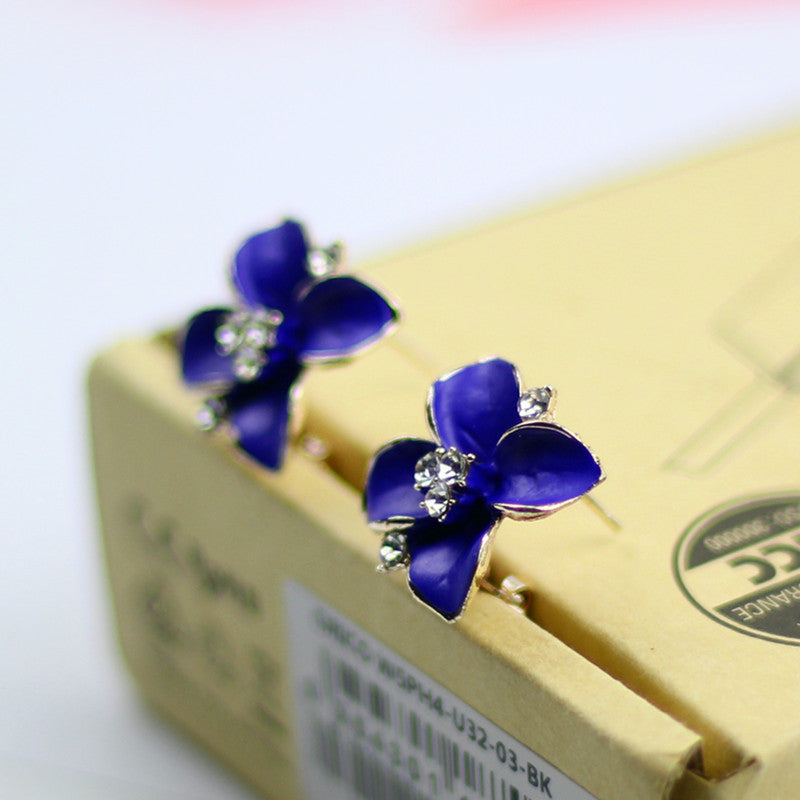 Small Blue Flower Stud Earrings Women Fashionable Luxurious Earrings Jewelry