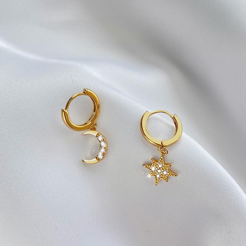 Six-pointed Star Moon Diamond Earrings Personality Niche Creative Versatile