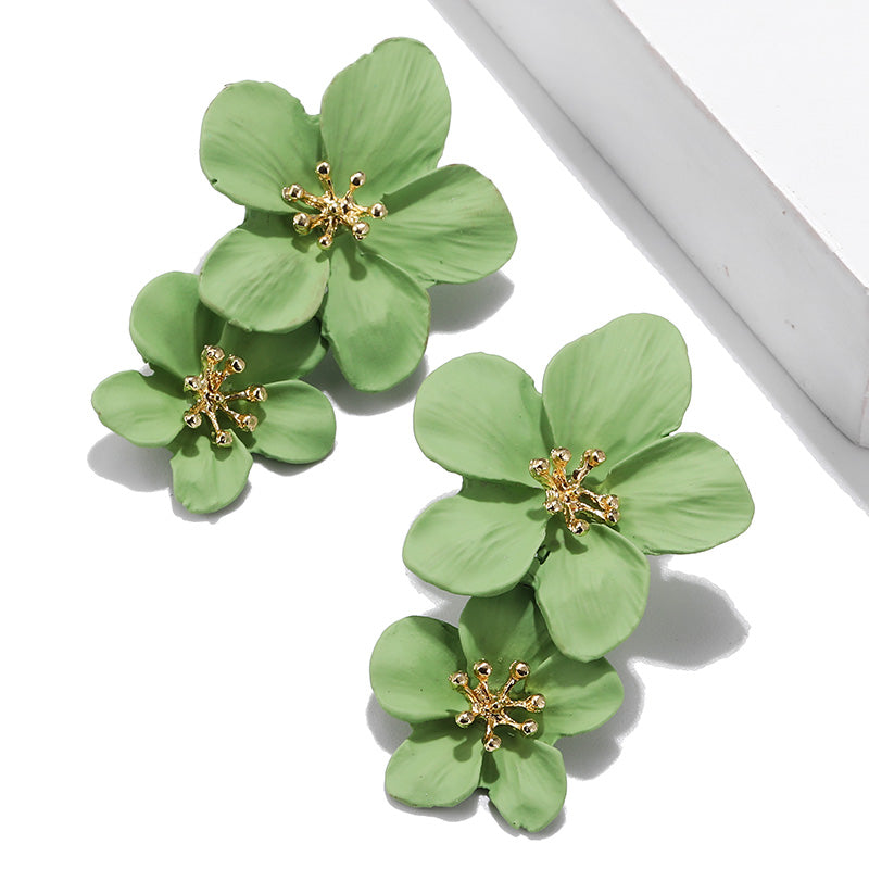 Double Layer Flower Women Earrings European And American Alloy Drip Spray Paint Baking Sweet Two-tone Flower Earrings