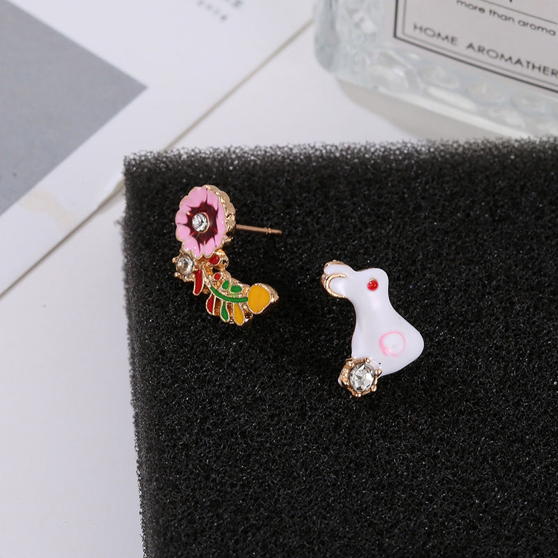 Rabbit and Flower Stud Earrings Fashion Women Female Earrings Piercing Jewelry