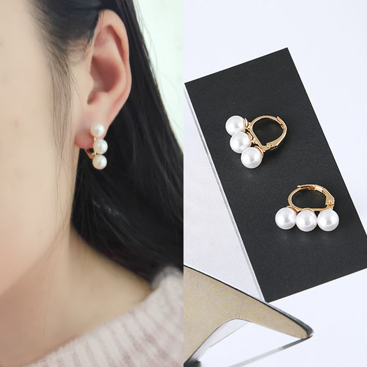 Three Faux Pearls Hoop Earrings Dangle Women Fashion Jewelry Gift for Her