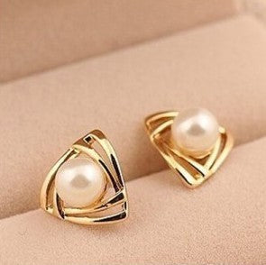 Pearl in Triangle Stud Earrings Women Charm Stud Jewelry Birthday Holiday Gifts