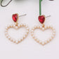 Red Heart Faux Pearl Drop Dangle Earrings Women Jewelry Gift for Her Accessories