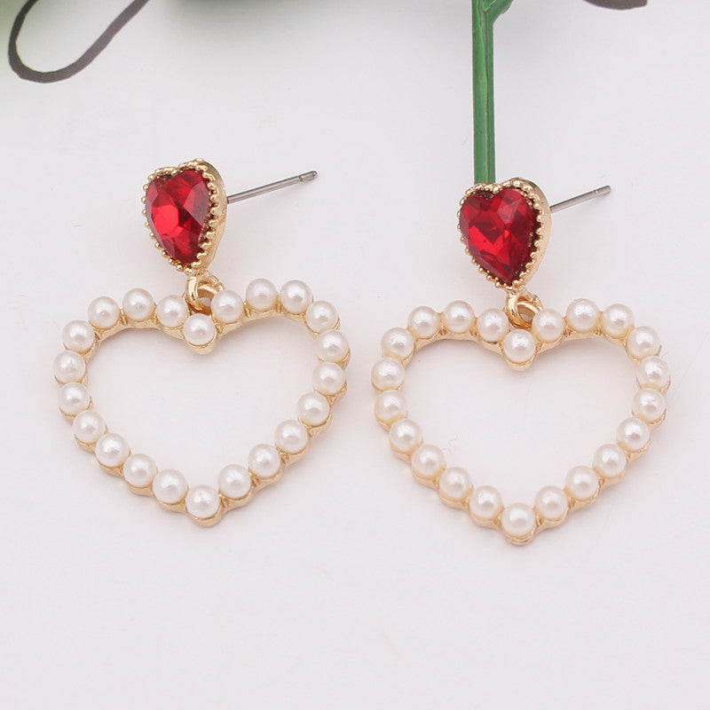 Red Heart Faux Pearl Drop Dangle Earrings Women Jewelry Gift for Her Accessories