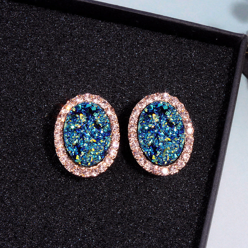 Blue Glitter Oval Stud Earrings Fashion Women Female Earrings Piercing Jewelry