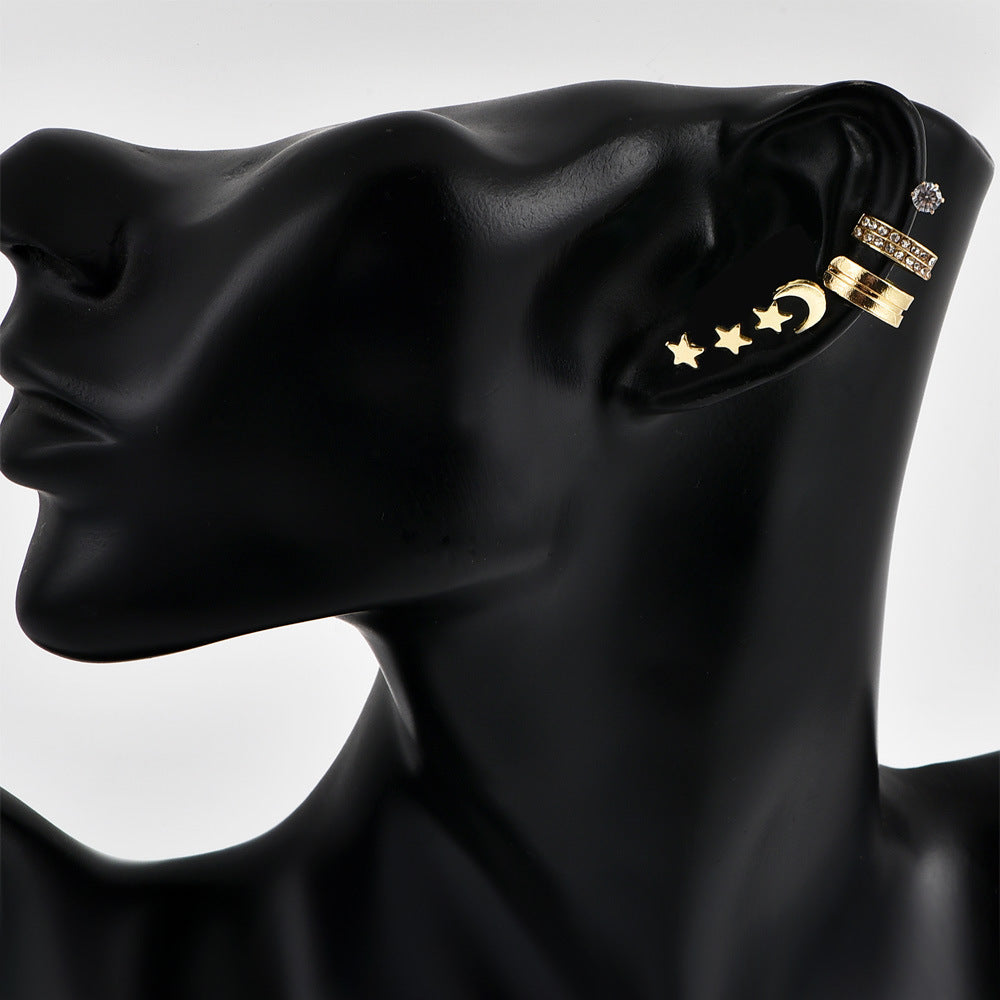 7pc Set Moon Star Stud Earrings Ear Cuff Women Fashionable Luxurious Earrings